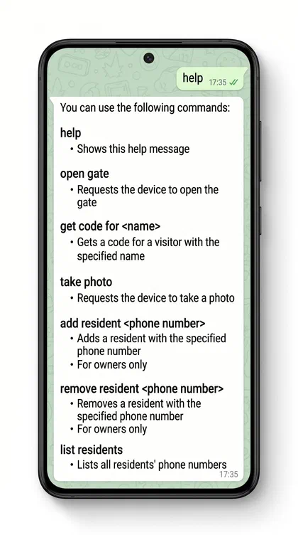 WhatsApp chat showing the EnterX help command and its list of commands