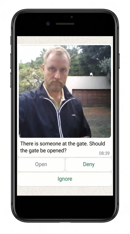 WhatsApp message showing a visitor photo with Open, Deny and Ignore buttons